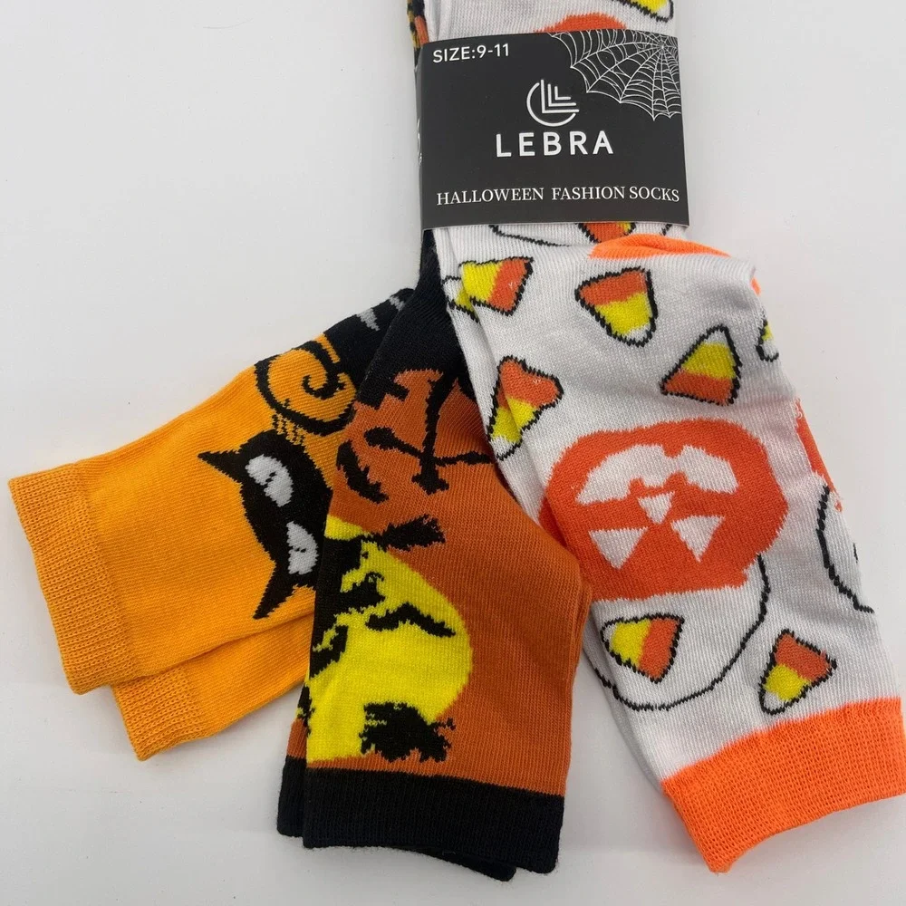 Halloween Fashion Socks 3 Pair Kids Size 9-11 Candy‎ Corn Pumpkin Black Cats